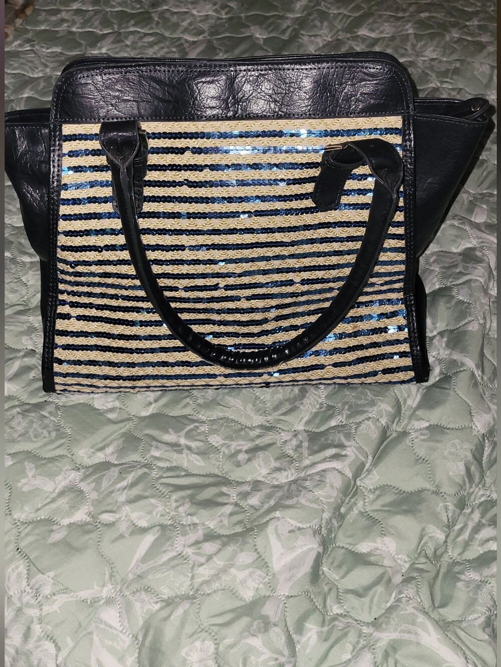 Blue /Cream Striped Sequined Hand Bag. #25